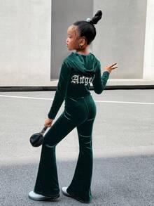 SHEIN 青少年女孩秋冬休闲时尚百搭针织天鹅绒连帽拉链后钻修身喇叭裤，周末休闲外出，节日派对，圣诞节 - 墨綠色 - 查看 3