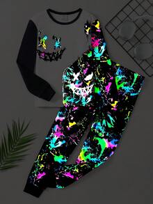 SHEIN 2 件套儿童/青少年男童休闲日常舒适印花图案圆领长袖上衣和紧身裤针织家居服套装 - 黑與白 - 查看 9