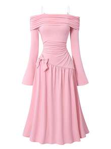 Teen Girl Off Shoulder Ruched Waist Dress, French Bow Decor Flare Sleeve Dress - Pink - View 3