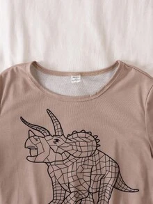 2 件男童柔软舒适薄睡衣套装，可爱卡通恐龙格子印花，休闲宽松长袖上衣和裤子睡衣 - 棕色 - 查看 5