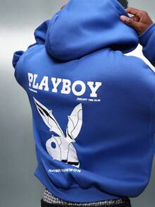 PLAYBOY X SUMWON 短款印花拉链连帽衫，配有中央口袋，超大街头休闲冬季运动衫 - 藍色 - 查看 2