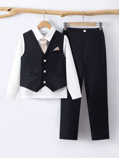 3ชิ้น ชุดสูททางการสำหรับเด็กผู้ชาย Tween ทรงสลิม เข้ารูป เหมาะสำหรับงานแต่งงาน ธุรกิจ ประกอบด้วย เสื้อกั๊ก + กางเกง + เนคไทแบบถอดได้ ชุด 3 ชิ้น เหมาะสำหรับสวมใส่ในชีวิตประจำวัน, งานเลี้ยง, งานสังสรรค์, ปาร์ตี้, งานเจ้าภาพ, การแสดงร้องเพลง และการแสดงโชว์