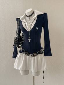 SHEIN Unity 女士休闲舒适宽松针织长袖二合一连衣裙 - 藏蓝色 - 查看 5