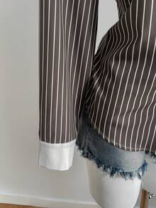 SHEIN Unity Áo len cardigan tay dài dáng rộng, họa tiết sọc tương phản mới dành cho nữ, phù hợp mặc đi làm, đi chơi và mặc hàng ngày, mùa xuân và thu - Nhiều màu - Xem 4