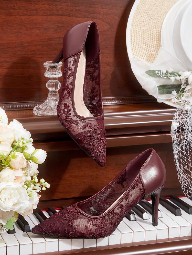 CUCCOO HITCHD Women's Pointed Toe Stiletto High Heel Burgundy Lace Mesh Wedding Party Sexy Elegant Pumps For Christmas Elegant Shoes Wedding Shoes Summer Shoes Bride Shoes