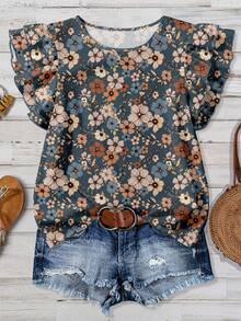 EMERY ROSE Women's Casual V-Neck Cap Sleeve Loose Blouse, Retro Floral Print