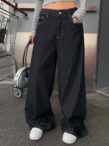 DAZY 女士直筒休闲牛仔裤，纯色 Y2K - 深色水洗藍 - 查看 3