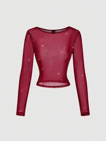 SHEIN MOD Women's Red Fashionable Sexy Sheer Fitted Long Sleeve T-Shirt, Fall/Winter Party,Wedding Guest,Elegant For Ladies,Retro,Luxury,Red Top,Burgundy Red T-Shirt