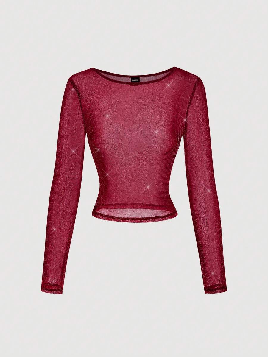 SHEIN MOD Maglietta a maniche lunghe aderente e trasparente di moda e sexy da donna, adatta per autunno/inverno, Capodanno, feste, Natale, matrimoni, elegante per signore, stile retrò, di lusso, top rosso, maglietta bordeaux