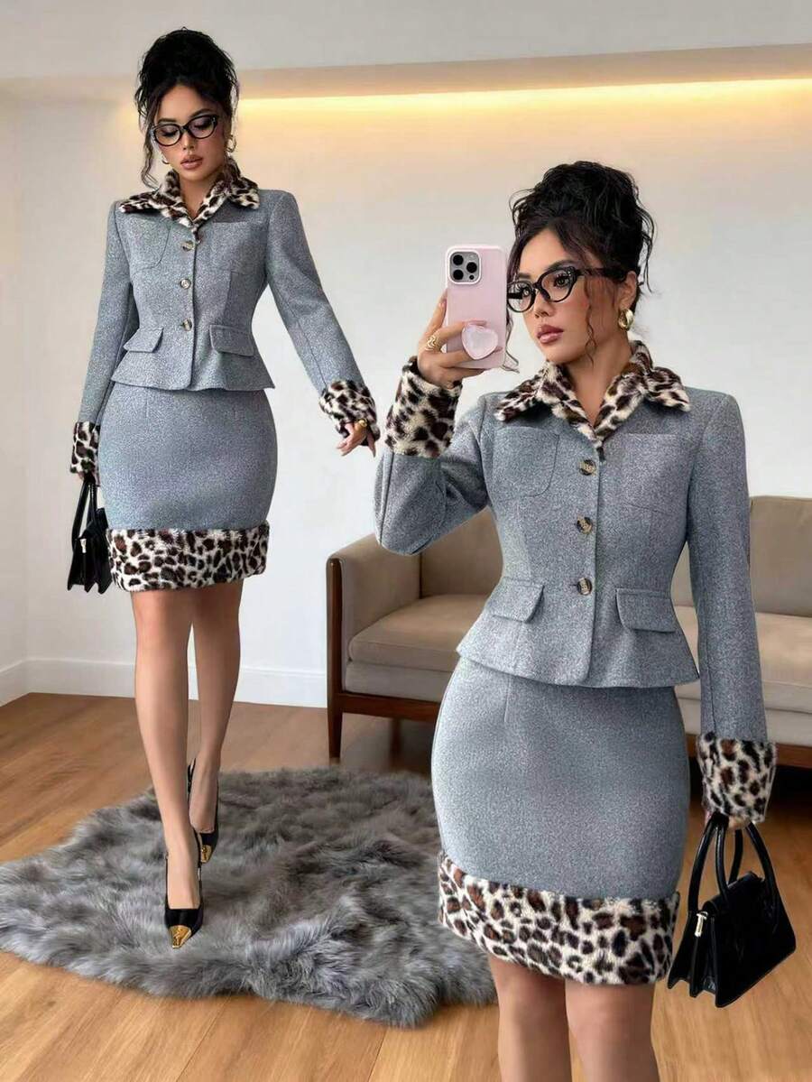 Elenzga Women's Pink And Grey Woolen Two Pieces Skirt Set,Autumn Elegant Work Lapel Long Sleeve Top & Bodycon Skirt,Leopard Print Fur Collar Cuff,2pcs Set - Grey - View 1