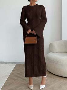 EURMUSE Cable Pattern Sweater Dress Fall Winter - Brown - View 5