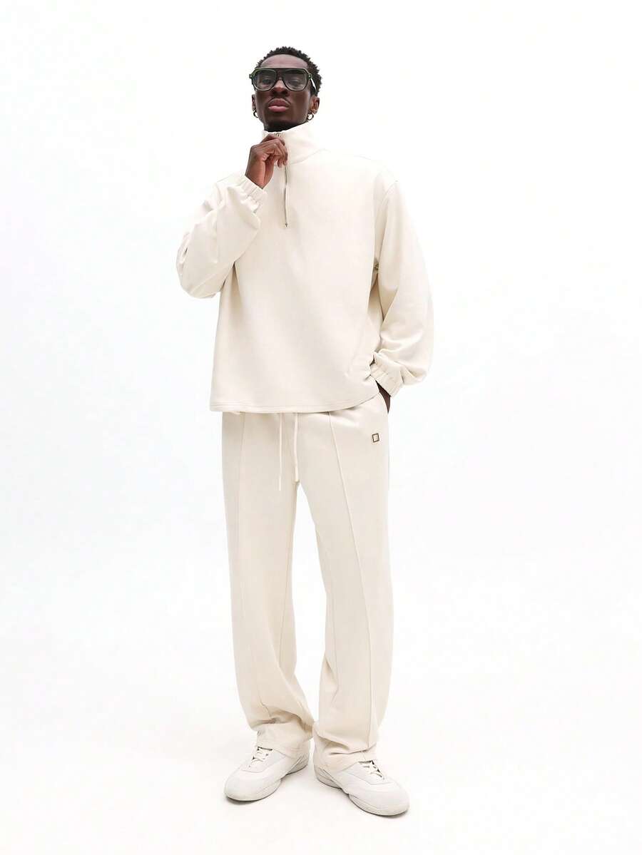 SUMWON 优质绒面革半拉链运动衫和慢跑裤套装男士休闲家居服运动服冬秋 - 杏色 - 查看 1