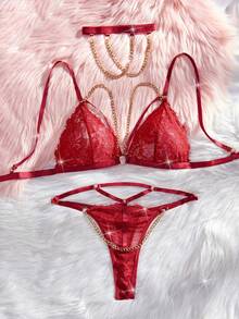 哥特式花卉蕾丝吊带链条细节内衣套装 - 酒紅色 - 查看 3