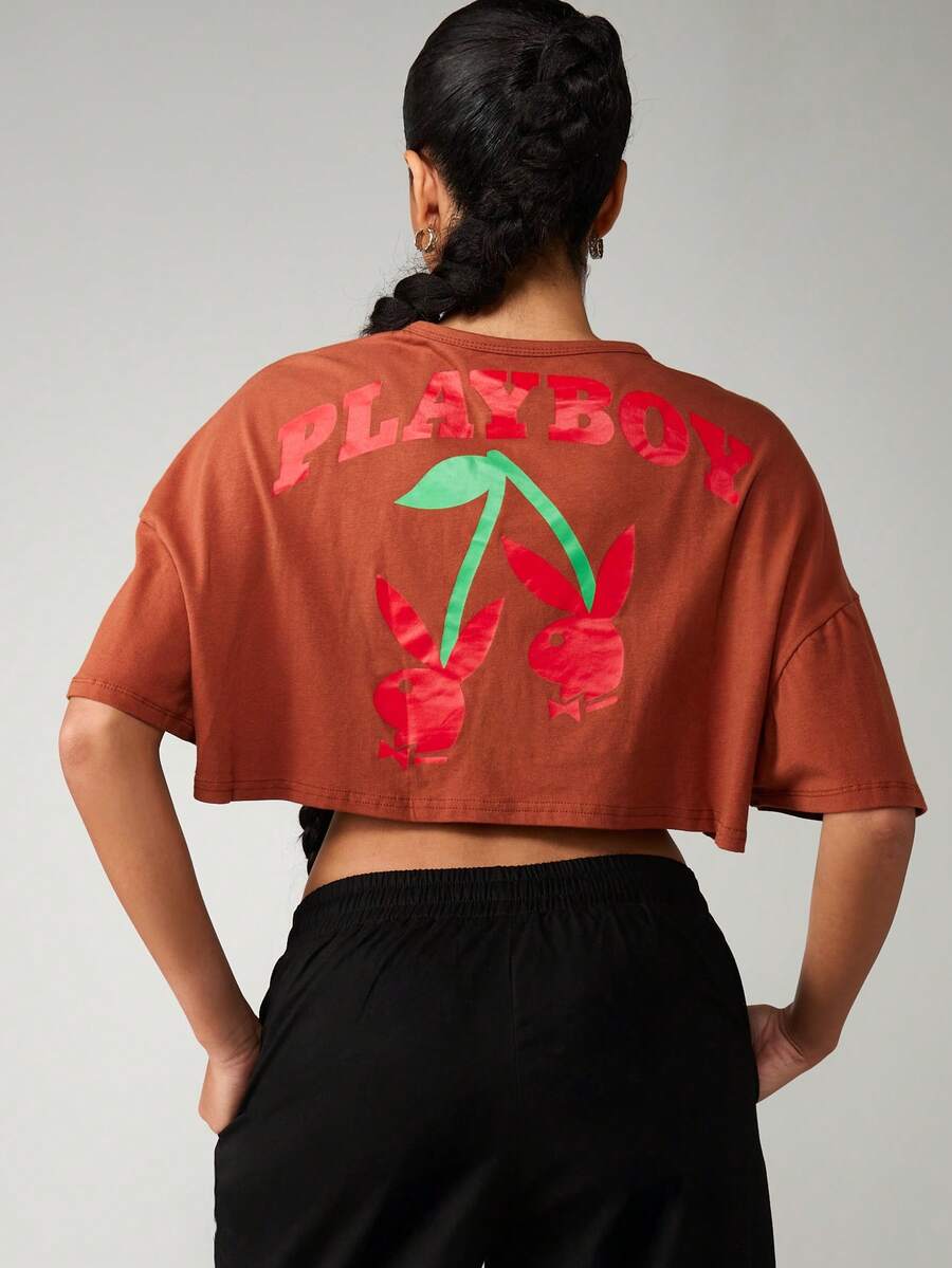 Missguided x Playboy 超大号短款樱桃 T 恤短袖休闲夏季棉质 T 恤,带有复古设计个性图案,周末休闲上衣 - 咖啡棕 - 查看 1