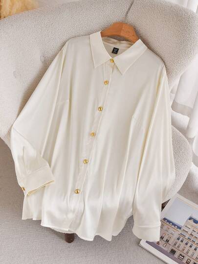 CosyJoli French Casual Simple Apricot Satin Basic Open-Collar Plus Size Shirt, Suitable For Office Commuting, Daily Wear, Metal Button Tops, Going Out Clothing