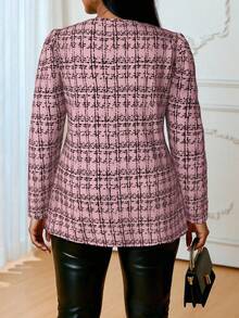 SHEIN Lady 2025新款大码女式优雅格纹印花开襟粉色西装外套，夏季女士度假沙滩装，婚礼宾客装，生日商务休闲装，7月4日美国独立日女士生日装，秋冬新年时尚系列 - 藕粉色 - 查看 2