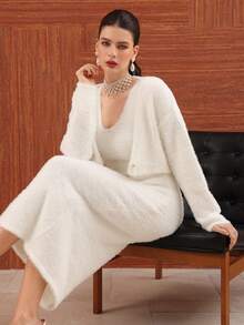 Modelyn Set de 2 bucăți pentru femei, cu blană, culoare solidă, casual, cu guler în U, tricotat, ajustat - alb - Vizualizare 7