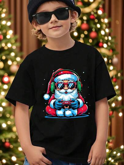 SHEIN Merry Christmas Boys Casual Cartoon Santa Claus & Game Console Graphic Print T-Shirt, Versatile For All Seasons, Suitable For Christmas Party