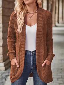 EMERY ROSE 女式休闲罗纹拉绒前开侧袋短裤薄夹克 - 棕色 - 查看 3