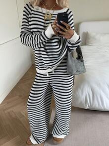 SHEIN EZwear Women's Black And White Striped Casual Sweater Set Two Piece Set Women Comfy Striped Two Piece Set Striped Lounge Set - Black and White - View 5