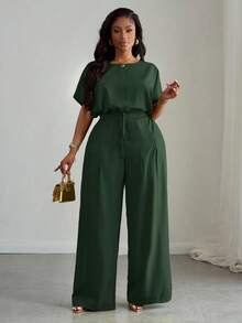 Slaydiva Nuevo llegado de primavera/verano, elegante y apropiado para ir a la oficina, fiestas, clubes y actividades al aire libre. Conjunto de 2 piezas para mujer talla grande con top corto holgado de hombros caídos y cordón ajustable, y pantalones de pierna ancha con bolsillos, en color verde. - Verde militar - Ver 6