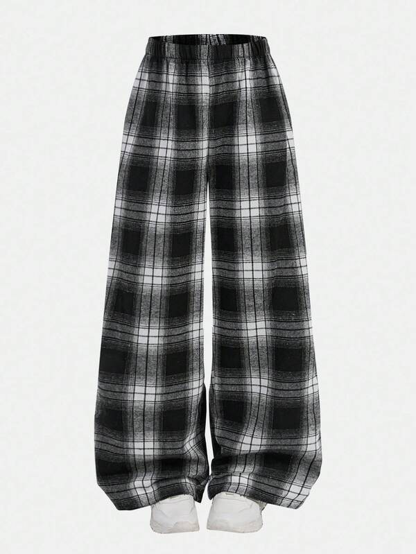SHEIN Girlism Tween Girls Plaid Daily Wear Microfleece Football/Soccer Black And White Sportswear Wide Leg Pants Fall/Winter