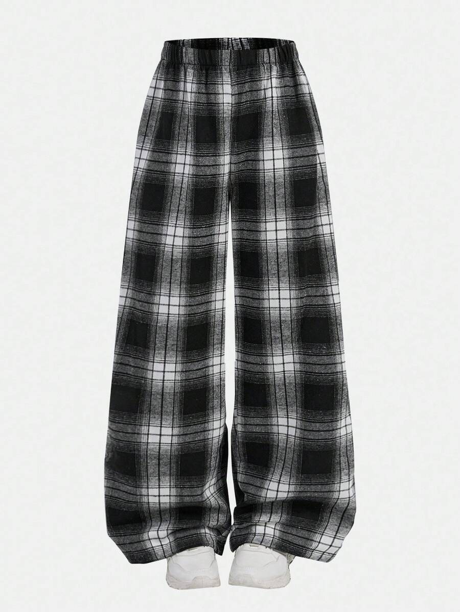SHEIN Girlism Tween Girls Plaid Daily Wear Microfleece Football/Soccer Black And White Sportswear Wide Leg Pants Fall/Winter - Black - View 1