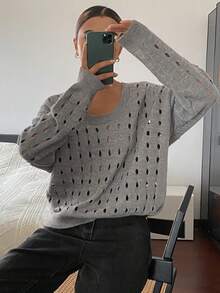 DAZY Women's Solid Color Loose Hollow Out Long Sleeve Casual Street Knit Sweater, Autumn/Winter - Grey - View 1