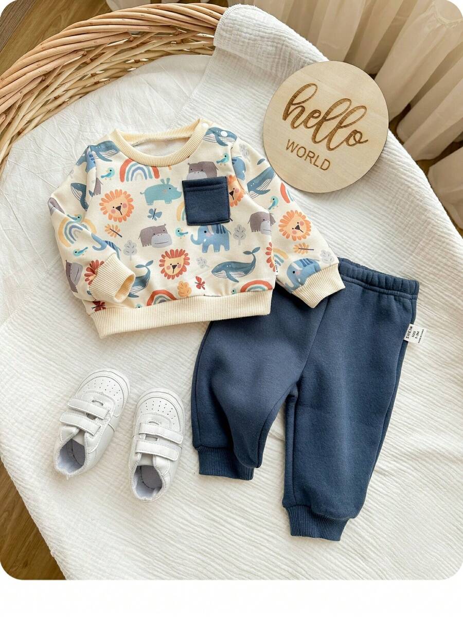 Newborn Baby Boy Cute Cartoon Pattern Long Sleeve Sweatshirt And Pants Set, Autumn/Winter - Multicolor - View 1