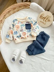 Newborn Baby Boy Cute Cartoon Pattern Long Sleeve Sweatshirt And Pants Set, Autumn/Winter - Multicolor - View 4