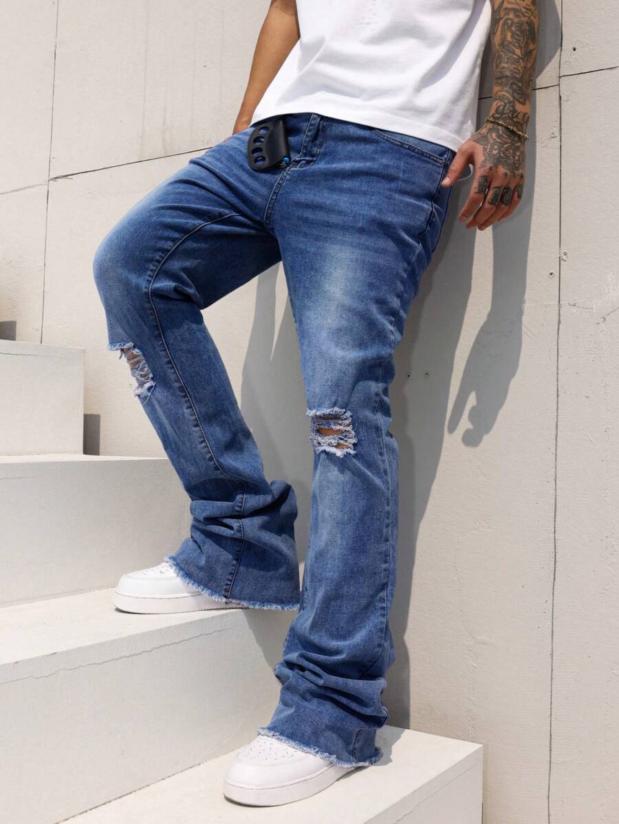 Manfinity LEGND بنطلون جينز رجالي كاجوال مغسول مهترئ بقصة واسعة