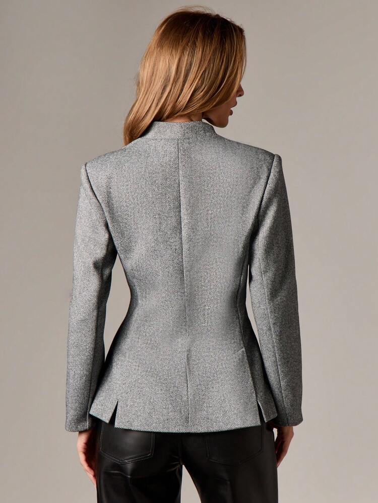 Herringbone Cinched Waist Padded Shoulder Blazer