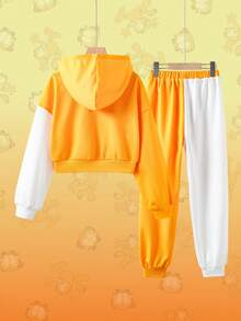 GARFIELD | SHEIN Conjunto informal de 2 piezas de sudadera con capucha y pantalón de chándal con estampado de dibujos animados y hombros caídos para niña preadolescente