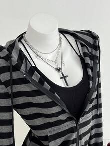 Elamini 灰黑条纹长袖宽松罗纹拉链卫衣，女士款，优雅可爱，适合上学、毕业典礼、休闲、运动、秋冬季日常穿着。 - 黑色 - 查看 3