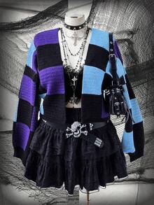 Sunspun Áo len cardigan tay dài hở trước họa tiết kẻ caro Halloween cỡ lớn cho nữ, mùa thu/đông - Nhiều màu - Xem 1