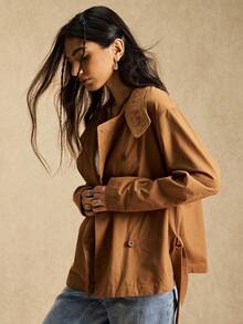Easelle Women's Brown Woven Stand Collar Drop Shoulder Long Sleeve Fashionable And Versatile Regular Coat, Perfect For Autumn And Winter - Brown - View 6