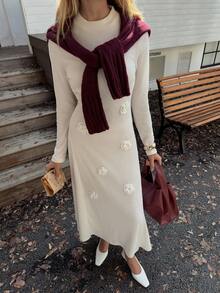 Elyressa Casual 3D Floral Decor Knitted Velvet Elegant French Style Dress For Women - Apricot - View 7