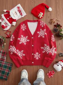SWAVVY Men's Snowflake Pattern Long Sleeve Knitted Cardigan, Fashion For Autumn/Winter, Christmas - Red - View 1