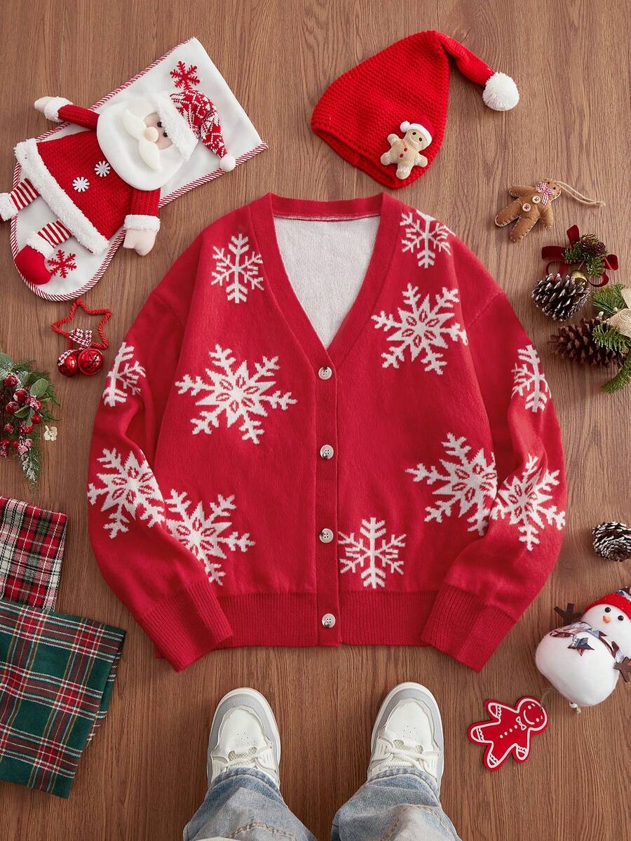 SWAVVY Men's Snowflake Pattern Long Sleeve Knitted Cardigan, Fashion For Autumn/Winter, Christmas - Red - View 1