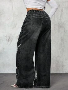 Slaydiva Quần jean ống rộng cạp cao họa tiết lông vũ cỡ lớn cho nữ - màu đen - Xem 2