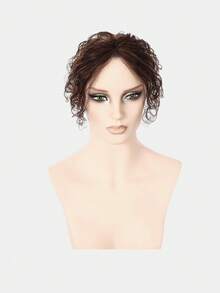 Tóc giả che đỉnh đầu bằng tóc thật, dài 10 inch, kiểu xoăn, làm thủ công, màu nâu, kích thước ren 5.3*1.7 inch. - S2 - Xem 5