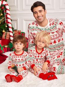 3 件套儿童男童驯鹿和圣诞树印花圆领长袖 T 恤和柔软睡裤睡衣套装，休闲家居服，秋冬