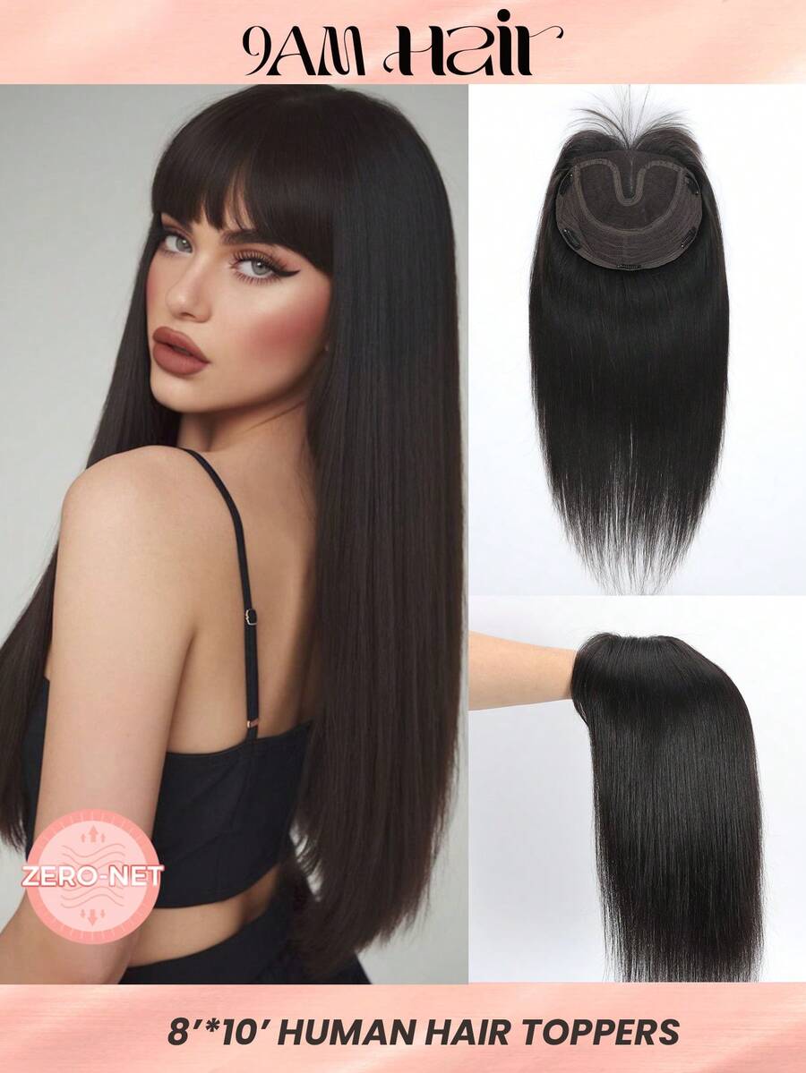 ZERO-NET Tóc giả bằng tóc thật 16 inch, đế 8*10 inch, tóc giả ren, tóc đen thẳng có mái, che tóc bạc - SNatural - Xem 1