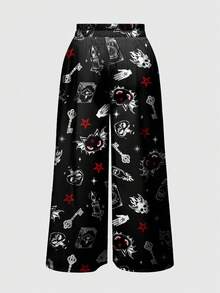 ROMWE Spring/Summer Vacation Graphic Black Gothic Dark Cute Flame Skull Cat Cross Magic Academy Style Long Socks For Women - Black - View 2