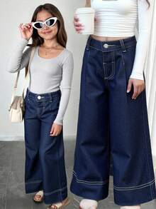 Young Girl' Navy Blue Denim Ruffle Hem Loose Fit Pants,Fall Clothes,Winter Clothing ,Casual And Fashionable Vacation Outfits,2000s Style ,Halloween Denim Jeans ,Christmas - Dark Wash - View 1