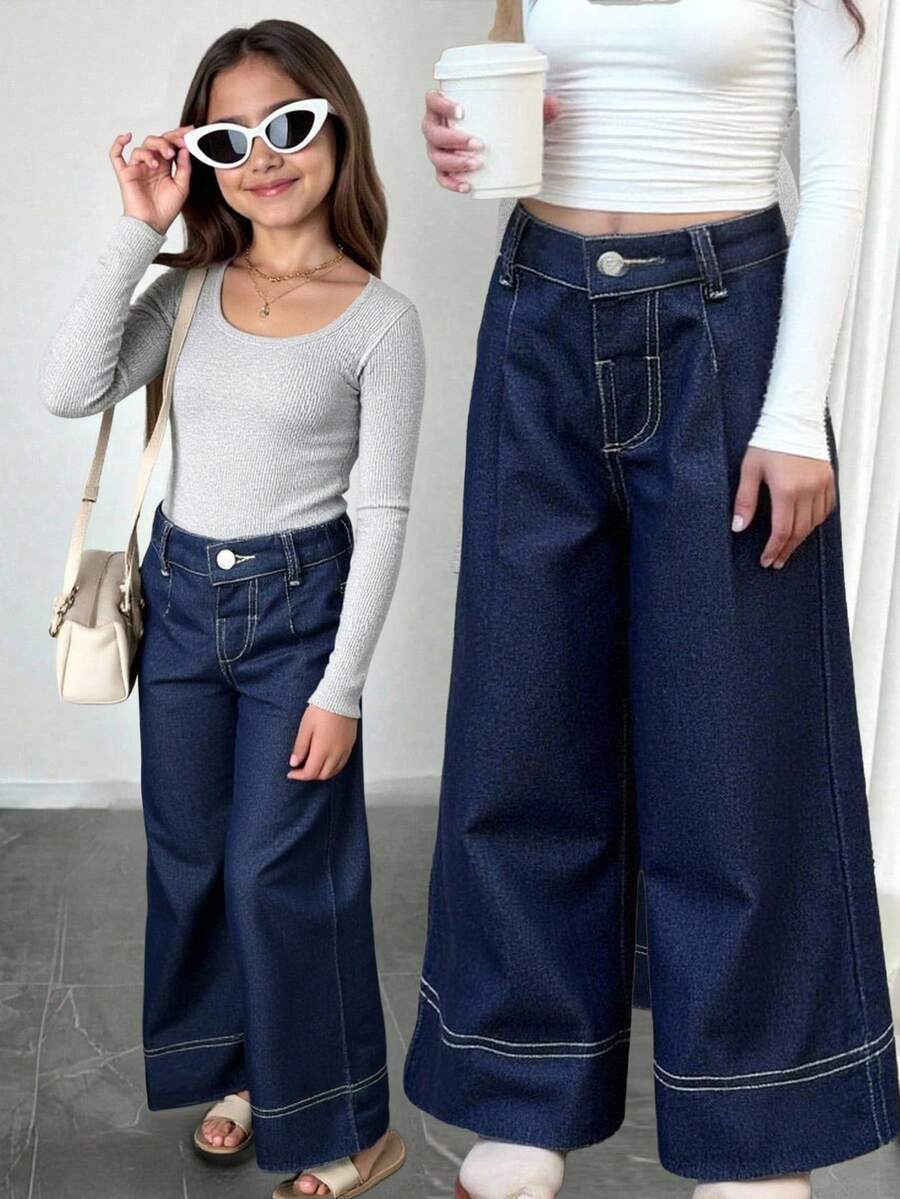Young Girl' Navy Blue Denim Ruffle Hem Loose Fit Pants,Fall Clothes,Winter Clothing ,Casual And Fashionable Vacation Outfits,2000s Style ,Halloween Denim Jeans ,Christmas - Dark Wash - View 1