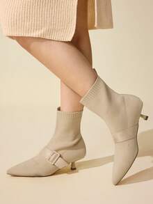 CUCCOO BASICS 女式尖头小猫跟踝靴，米色针织面料，水钻装饰，舒适透气弹力时尚短靴 - 杏色 - 查看 8