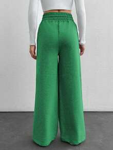 EURMUSE Cotton Petite Drawstring Waist Wide Leg Pants - Dark Green - View 2