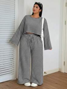 SHEIN EZwear Plus Size Women's Casual Loose Striped Round Neck Drop Shoulder Long Sleeve Top And Wide Leg Pants 2 Pieces Set, Early Autumn - Black and White - View 5