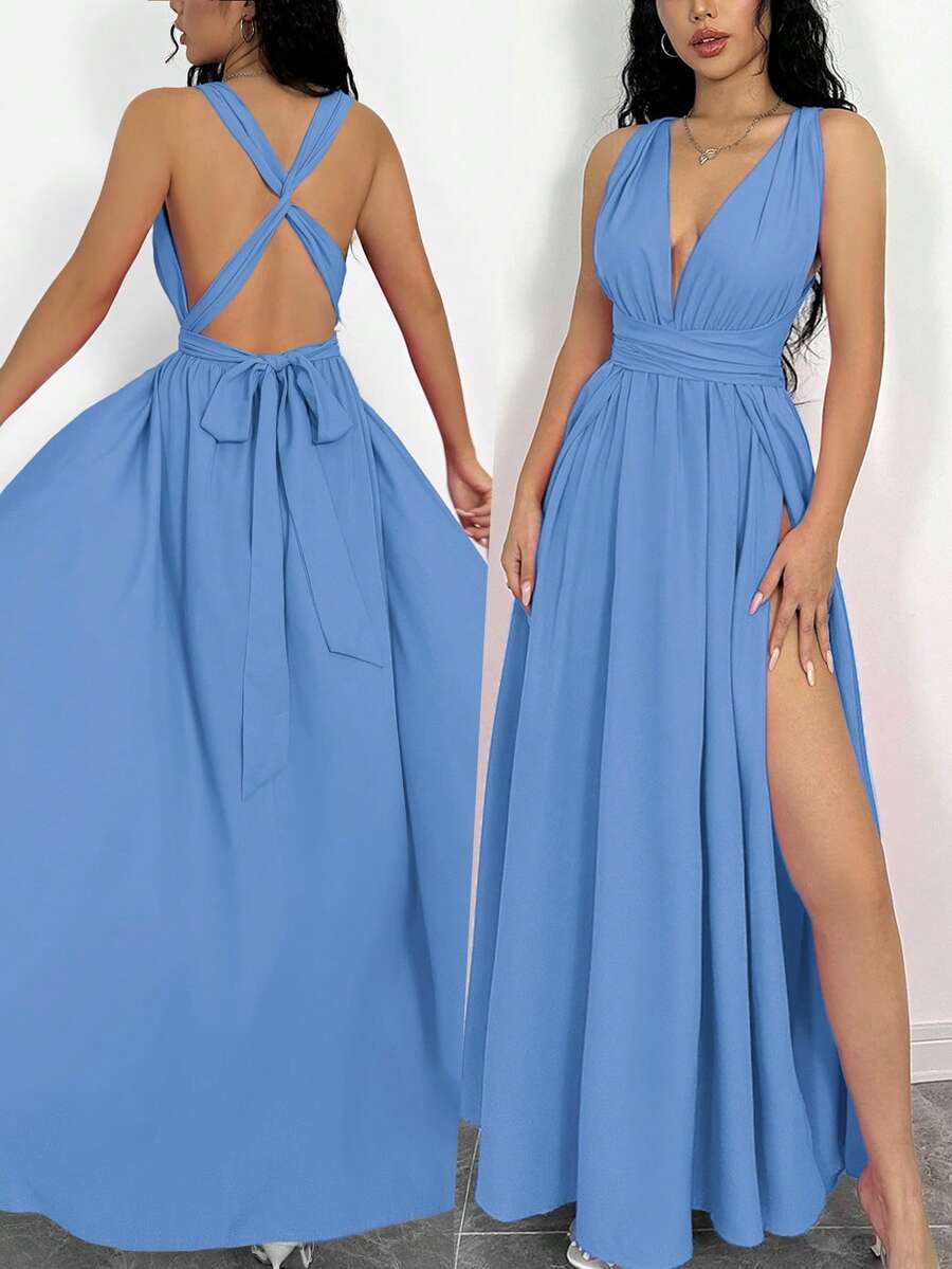 Rafferiza Sexy Multi-Way Crisscross Backless Split Evening Dress - Blue - View 1